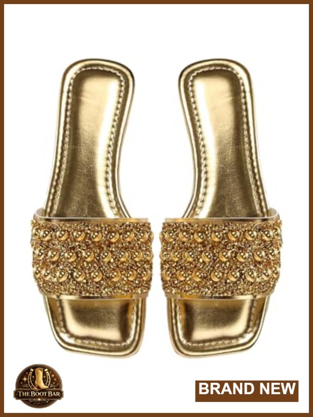 Sparkly Rhinestone Flat Sandals Pearl Square Open Toe Slide Sandals